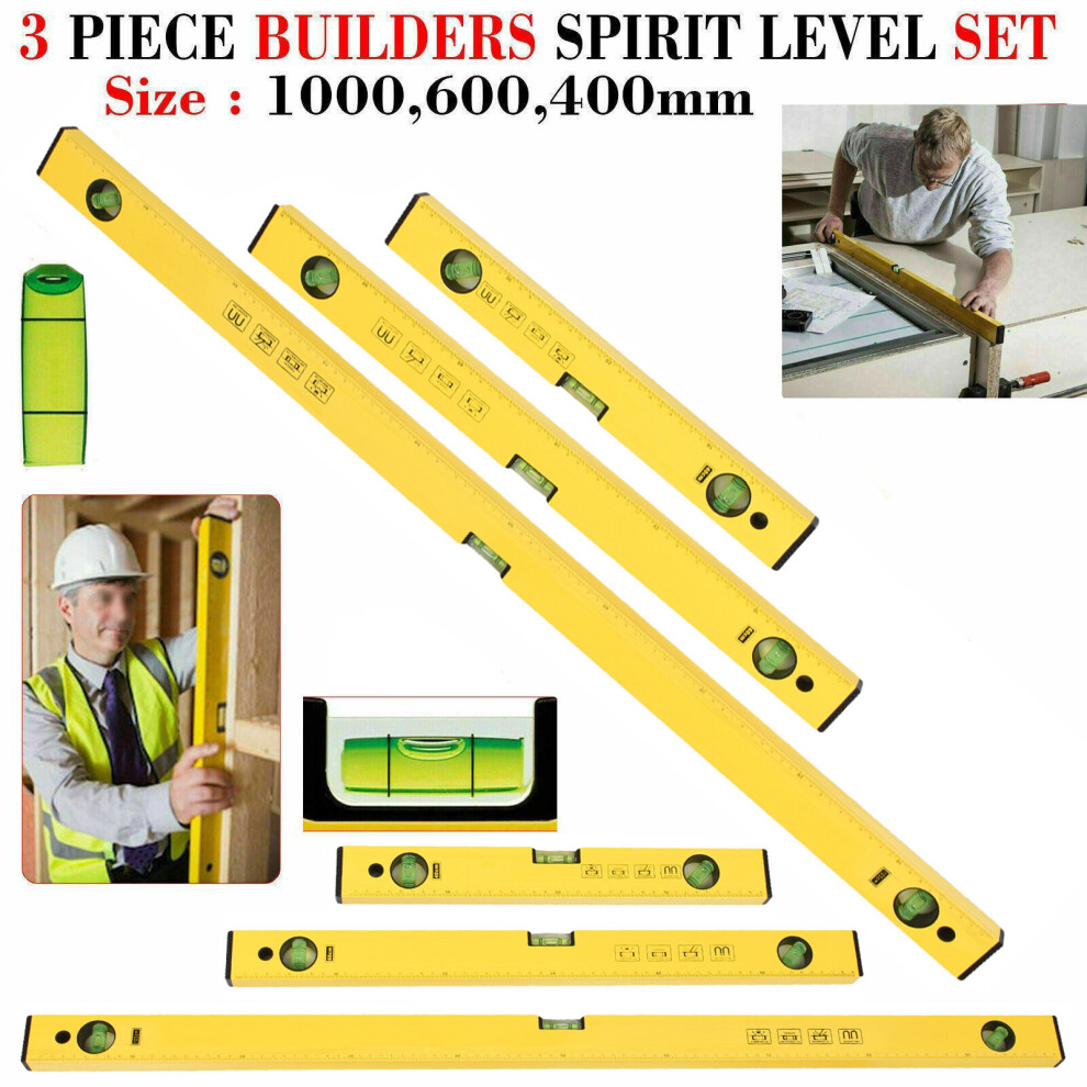 True Face 3-Piece Aluminium Spirit Level Set (400/600/1000Mm) - Lightweight Builders Levels With 3 Vials, 45-90-180 Degree Vials, End Caps Black