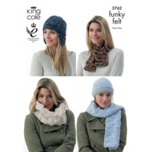 King Cole Funky Felts Knitting Pattern 3762 Women One Size Headwear, Scarves