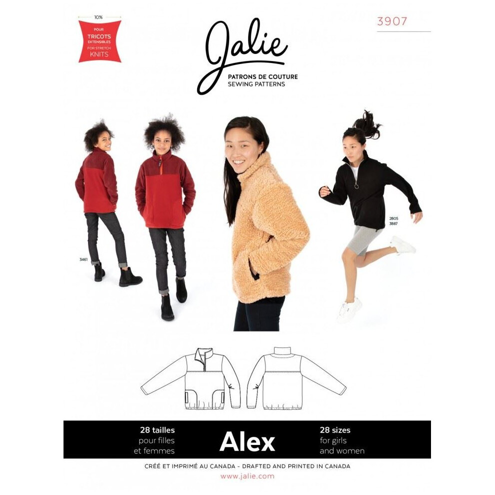 Jalie Sewing Pattern 3907 Alex Half Zip Pullover Kids, Teenagers, Women 28 Sizes