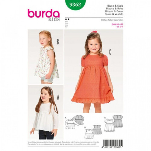 Burda Sewing Pattern 9362 Kids 2-7 Years Dresses, Skirts, Tops