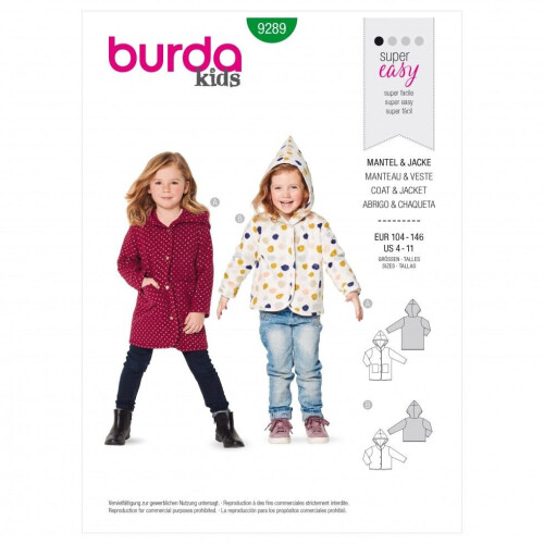 Burda Sewing Pattern 9289 Kids 104-146 Jackets, Coats