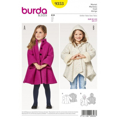 Burda Sewing Pattern 9353 Kids 2-7 Years Coats, Jackets
