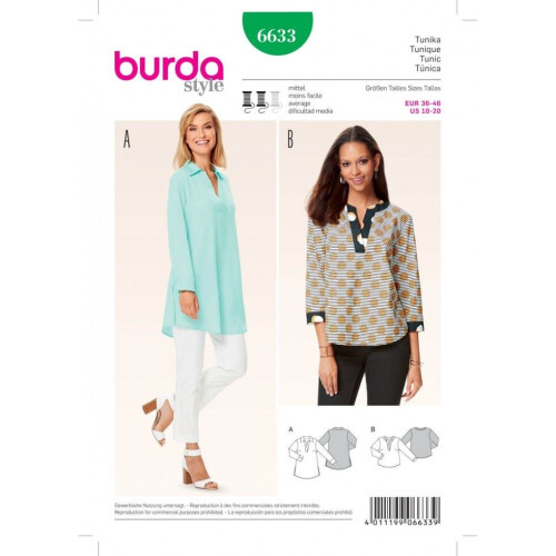 Burda Sewing Pattern 6633 Women 10-20 Tops, Tunics