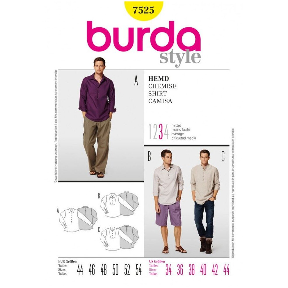 Burda Sewing Pattern 7525 Men 34-44 Shirts, Tops