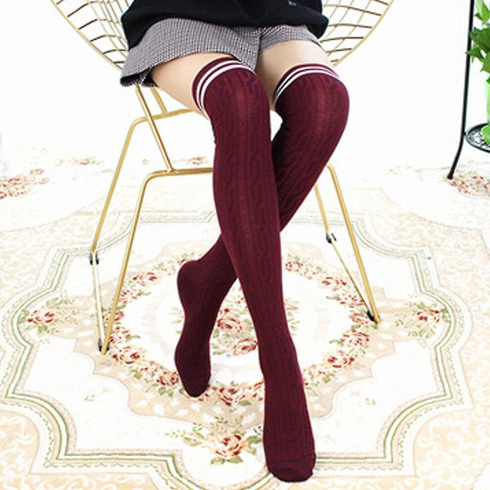 (Wine Red) Womens Ladies Striped Thigh High Long Socks Over The Knee Stockings-image-OPC-PCKQ5JT-NEW