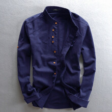 ( Navy, L) Men's Linen Style Long Sleeve Solid Shirts Casual Fit Formal Dress Top Tee Shirt