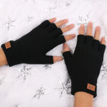(Black) Mens Womens Unisex Fingerless Gloves Alpaca Wool Half Finger Thermal Gloves