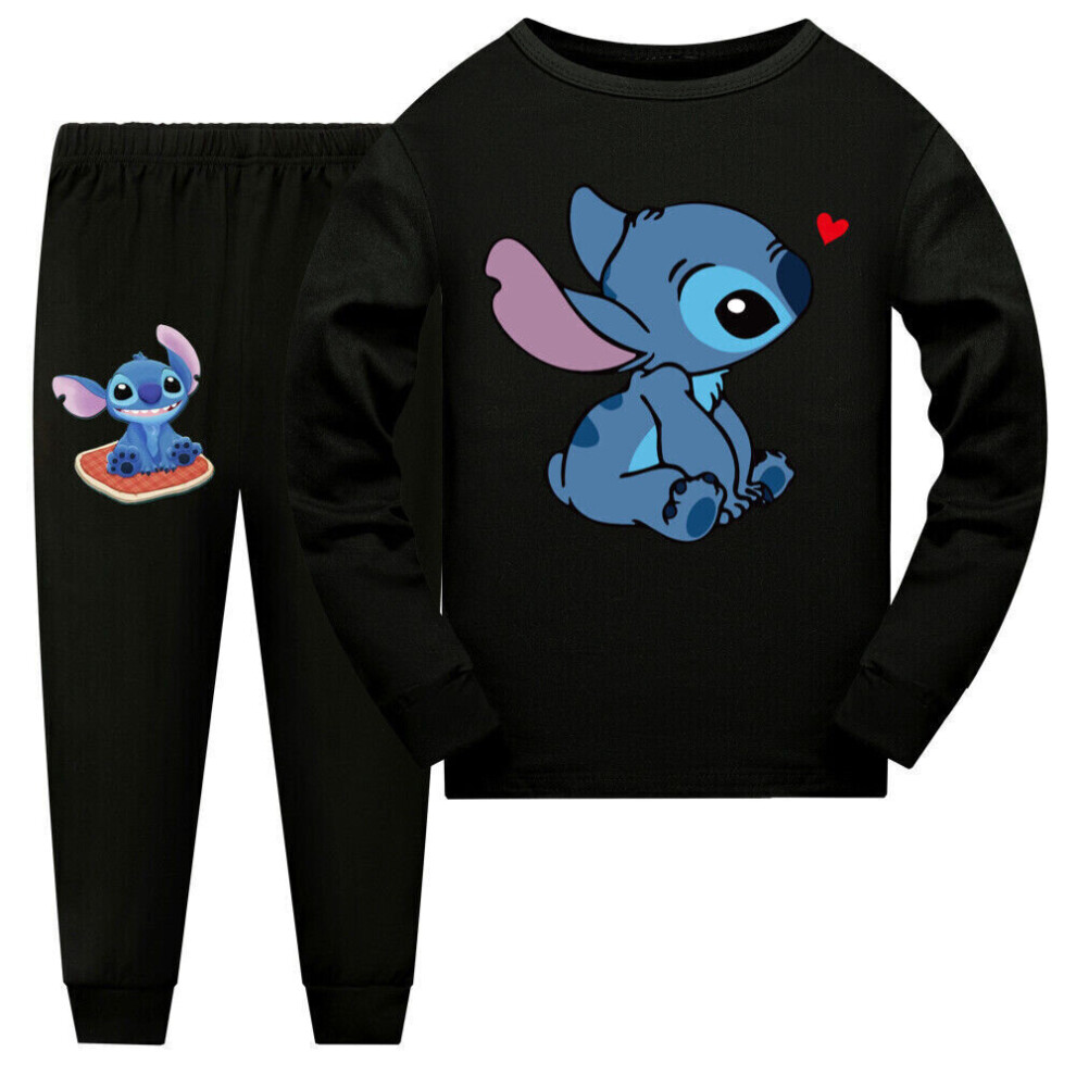 (  Black,   160/11-12 Years) Kids Stitch Cartoon Pyjamas Long Sleeve Top+Pants Nightwear Pajamas 2PCS Set