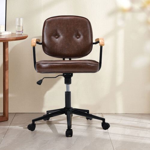 Living And Home Brown Leather Office Chair with Wood Armrests 2