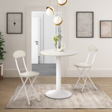 (White) 59cm Round Table and 2 Folding Chairs Kitchen Table Chairs Set