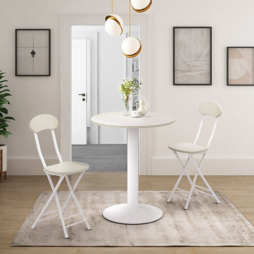 Living And Home (White) 59cm Round Table and 2 Folding Chairs Kitchen Table Chairs Set