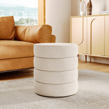 (White) Round Channel Upholstered Footstool