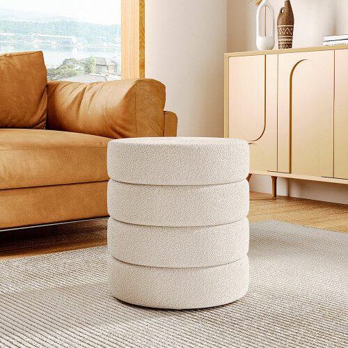 Living And Home (White) Round Channel Upholstered Footstool