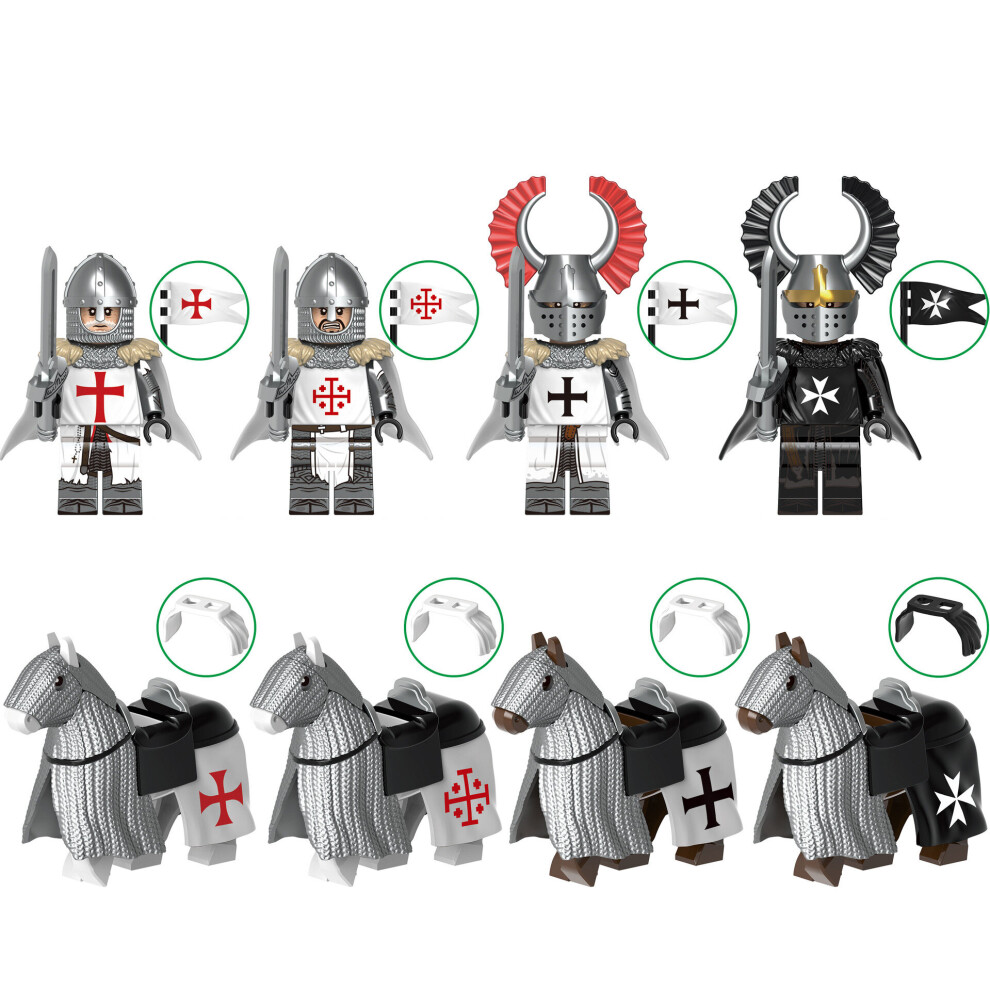 Xurikcoo (Styleb 8Pcs) Medieval Series Knights Temple Holy Tomb Teutonic Hospital Warhorse Assembly Building Block Mini Figures Fit Lego Minifigures
