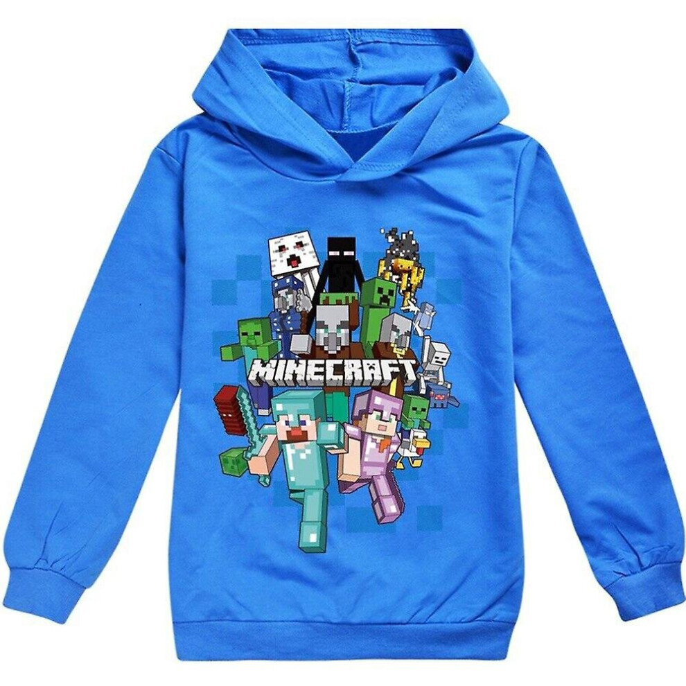 (Blue, 7-8Years) Minecraft Kids Print Hoodie Sweatshirt Casual Long Sleeve Hooded Pullover Jumper Tops For Boys Girls