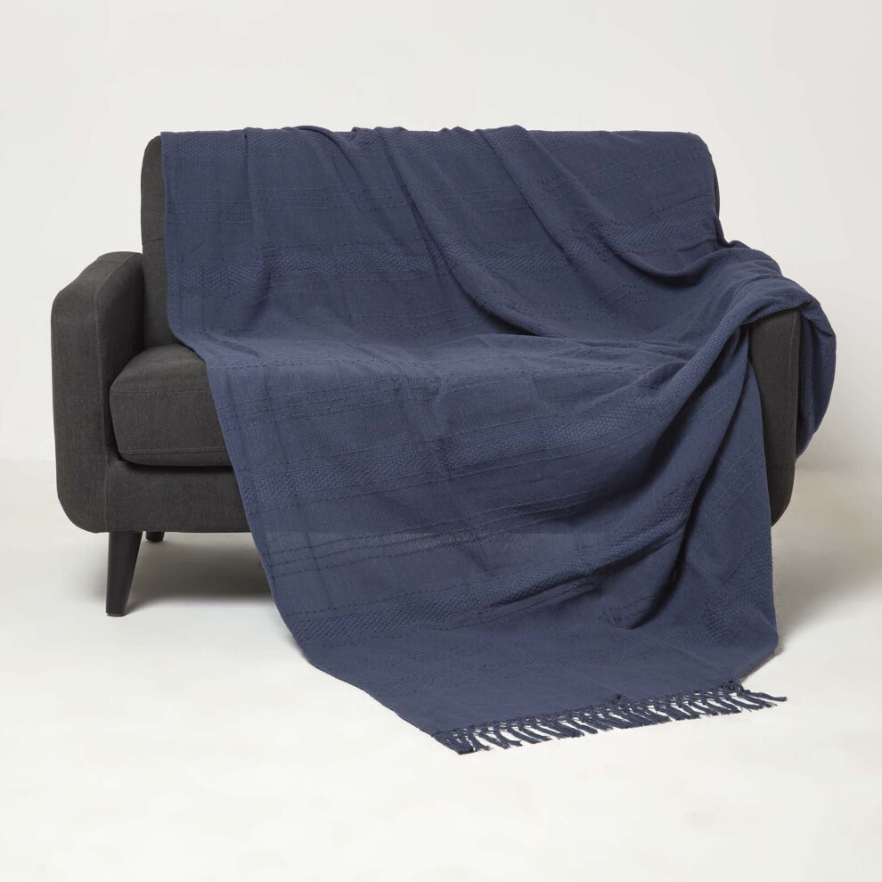 (Navy Blue, 150 x 200 cm) Kashi Cotton Throw with Tassels