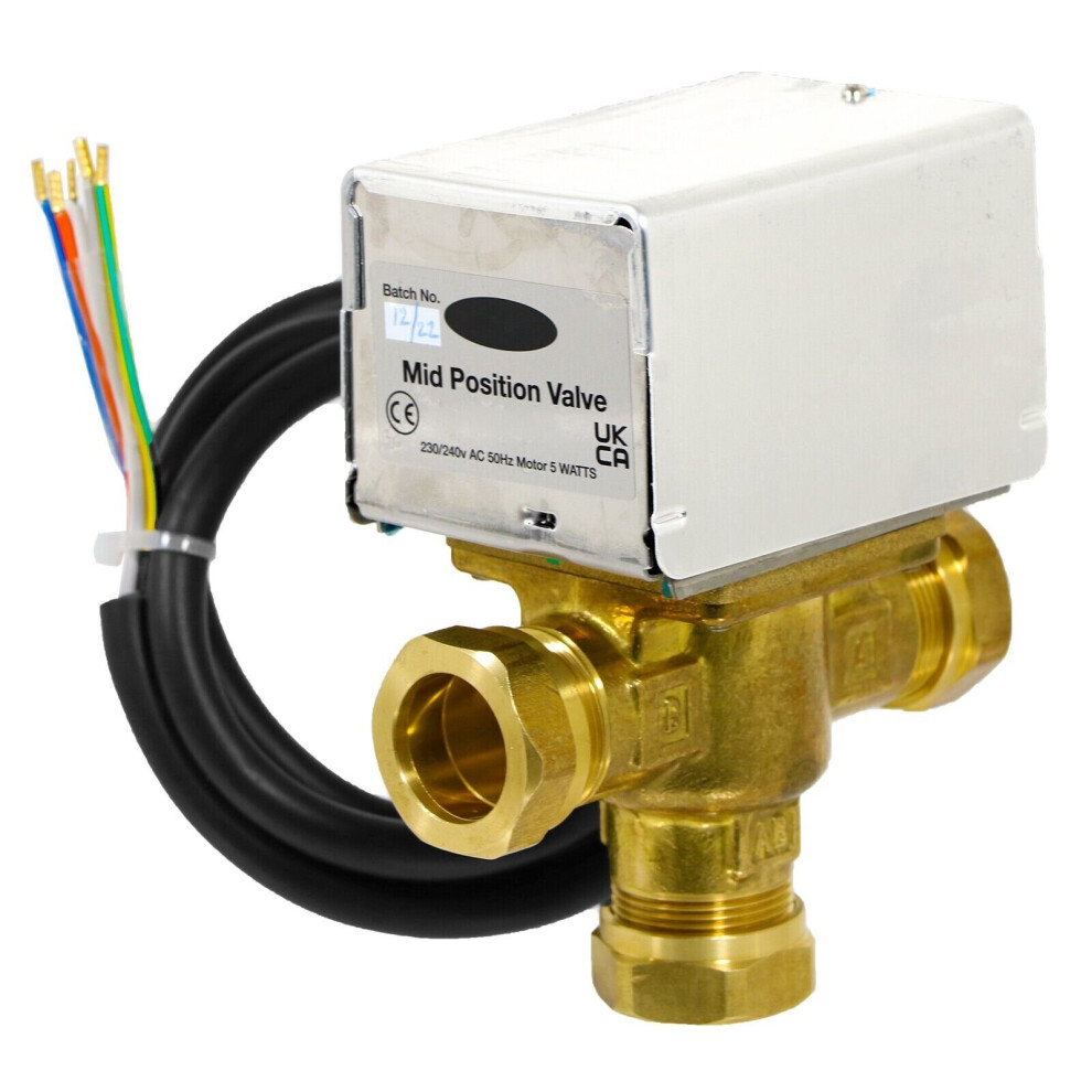 22mm Motorised 3 Port Mid Position Valve for Boiler Central Heating Control