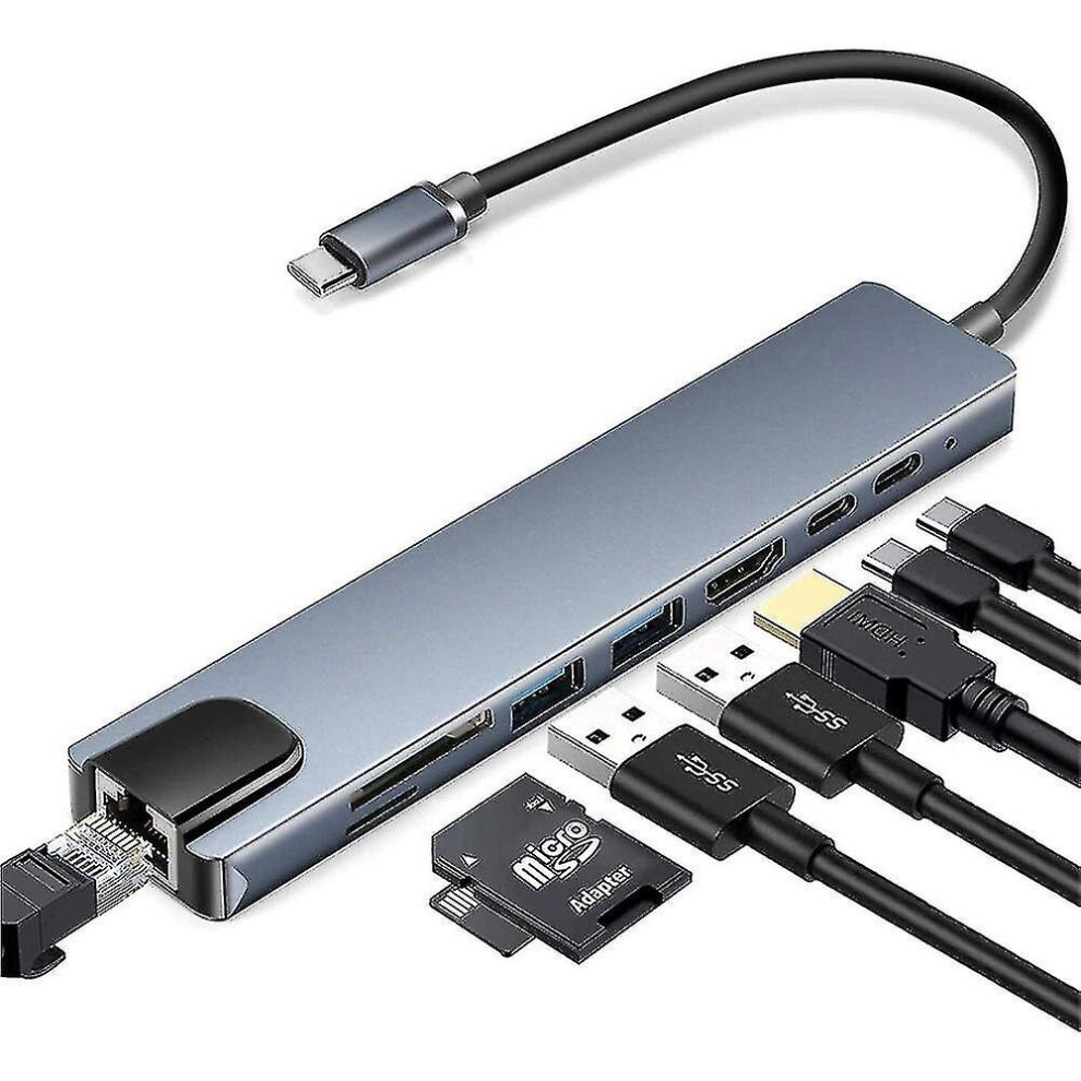 8 In 1 Type-C Hub To Usb 3.0 Usb-C Hdmi Lan Rj45 Sd Tf Adapter For Macbook Laptop 9332240013337