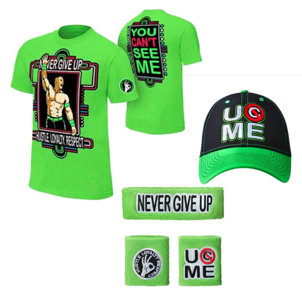 (  Green 1,   XL(Fit 170-180cm tall)) T shirt Hat cap Wristbands Sweatband boys mens for John Cena children 5pcs