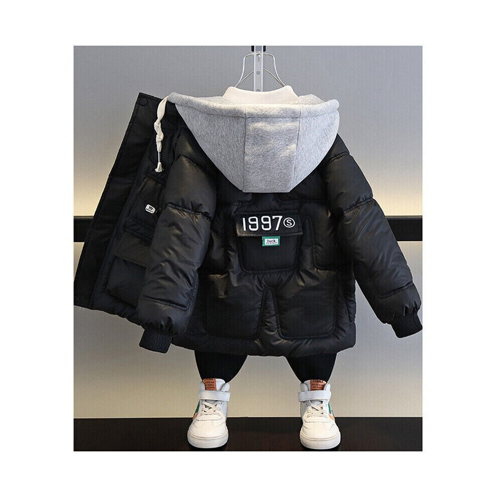 (  black,   label 130/6-7Y) BOYS COATS KIDS BACK TO SCHOOL FUR HOODED PARKA JACKET WINTER WARM COAT 4-10