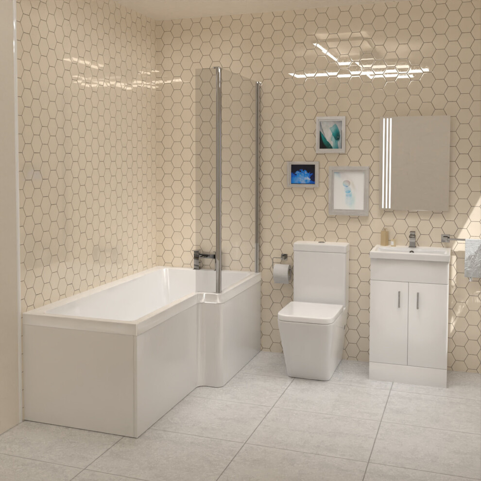 Cann L-Shaped RH Shower Bath, White Basin Vanity Unit & Close Coupled Toilet