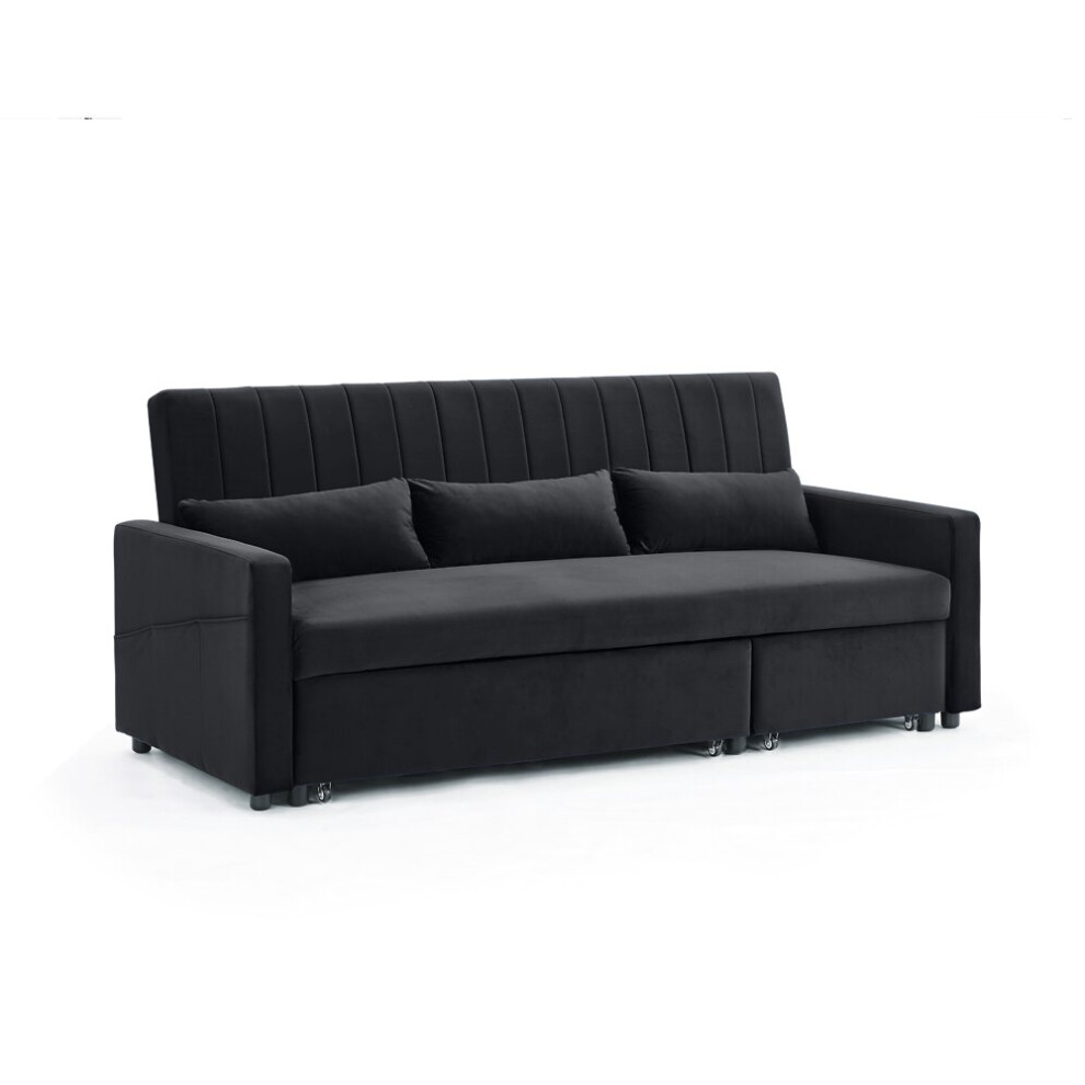 Devon 3 Seater Storage Chaise Pull Out Fabric Black Velvet Sofa Bed