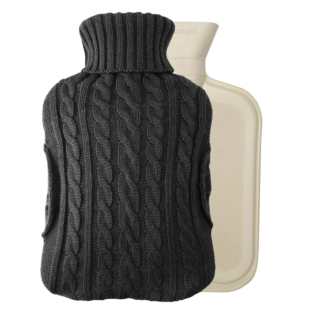 (Black) 2L Hot Water Bottle With Cover Luxury Faux Fur