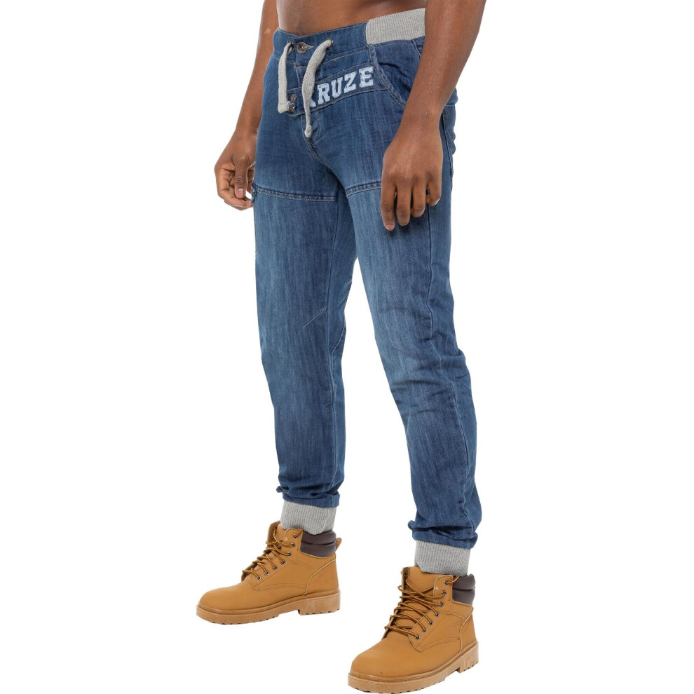 (42W/32L, Blue) Kruze Designer Mens Elasticated Waist Cuffed Jogger Jeans