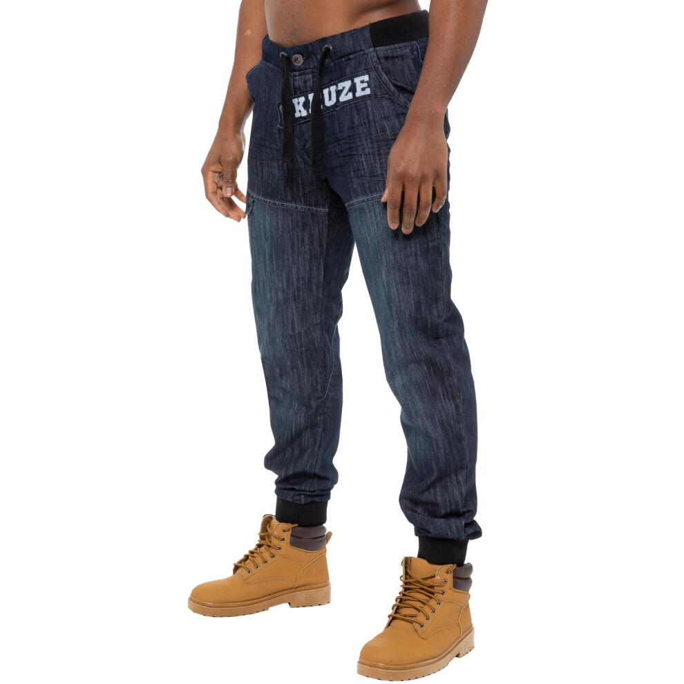 (40W/32L, Dark Blue) Kruze Designer Mens Elasticated Waist Cuffed Jogger Jeans