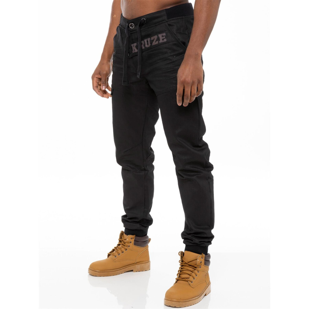 (28W/32L, Black) Kruze Designer Mens Elasticated Waist Cuffed Jogger Jeans