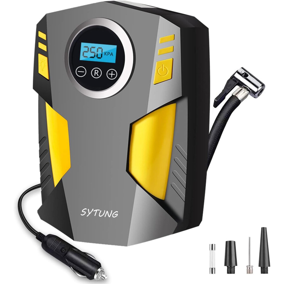 SYTUNG Digital Tyre Inflator, Portable Air Compressor Car Tyre Pump with 3 Nozzle Adaptors and Digital LED Light, 12V Rapid