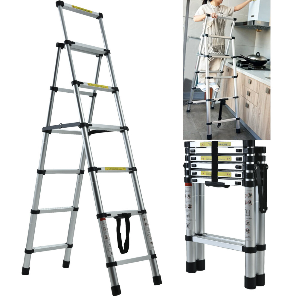 (1.7M-2M) Telescopic Ladder A-Frame Extension Step Ladder Aluminium Lightweight Portable Multi-Purpose Folding Ladder Adjustable Ladder 330lbs Capacit