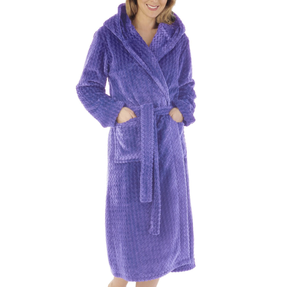 (Bright Blue, Large - UK 16/18) Slenderella Ladies Zig Zag Fleece Hooded Shawl Collar Dressing Gown