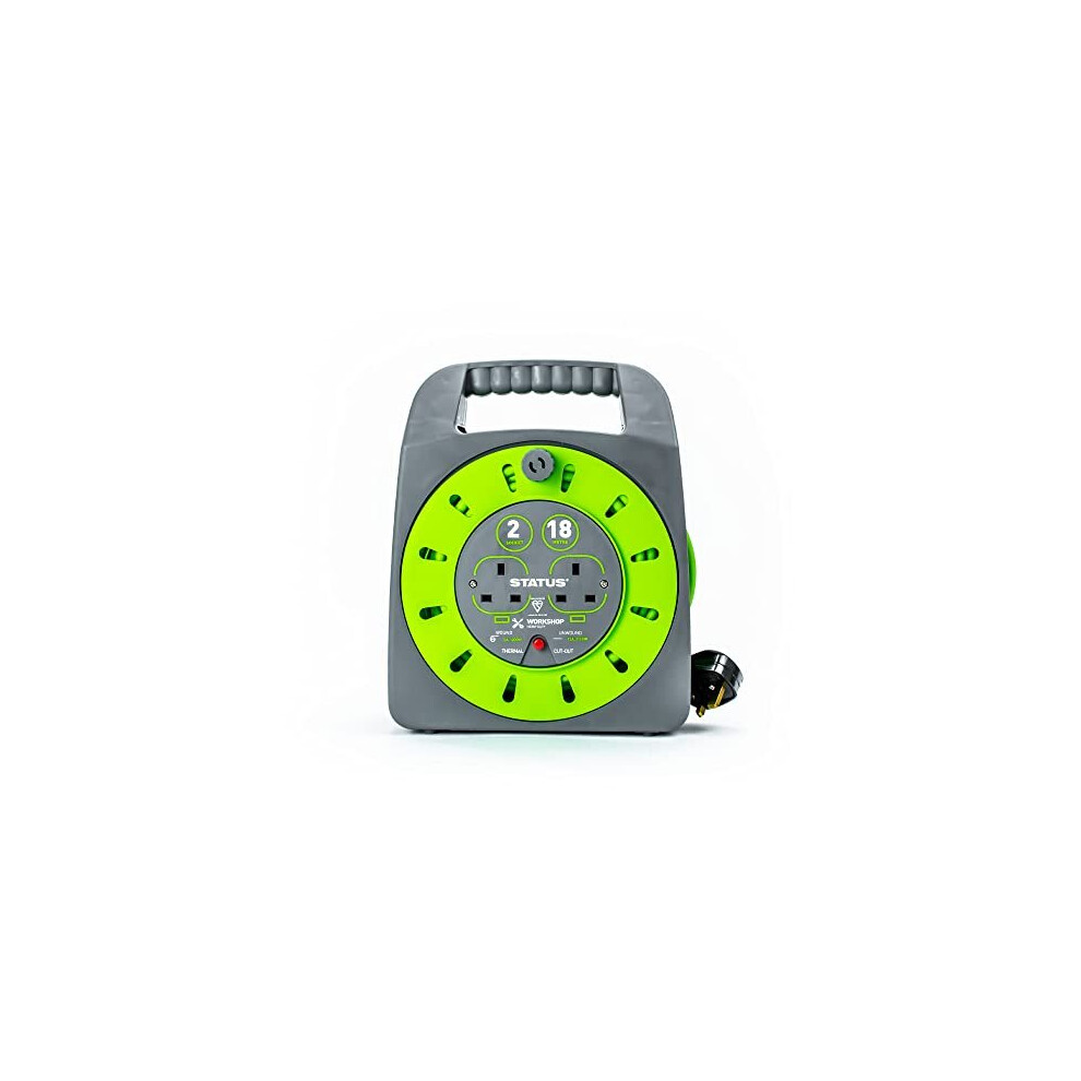 STATUS 2 Socket Cable Reel | 18m Green Extension Lead | 13A with Thermal Cut Out | Heavy Duty Outdoor Extension Lead | S18M2G13ACR4