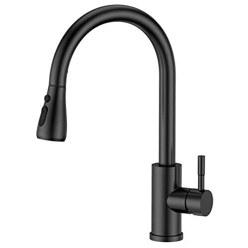FORIOUS Kitchen Sink Taps Mixer with Pull Out Spray, Swivel Single Handle High Arc Pull Down Stainless Steel Kitchen Faucet, Matte Black