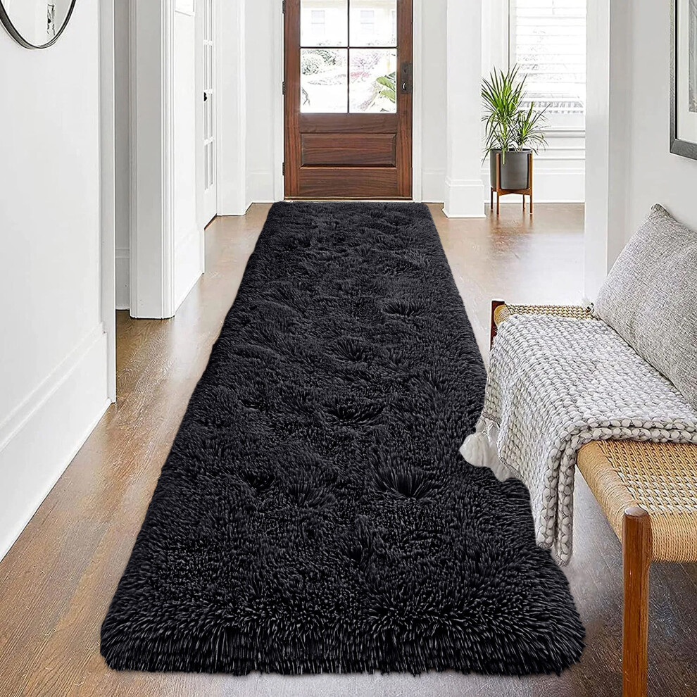 (Black, 80 x 150 cm) Shaggy Rugs Non-Slip Living Room Runner Carpet Mat