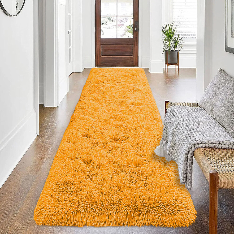 (Ochre, 80 x 300 cm) Fluffy Shaggy Rugs Living Room Runner Carpet Mat