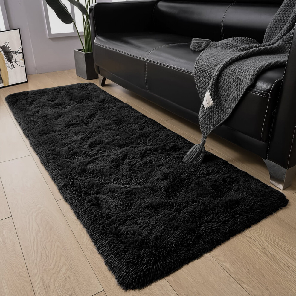 (Black, 60 x 220 cm) Fluffy Shaggy Rugs Living Room Runner Carpet Mat