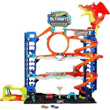 City Ultimate Garage Playset with 2 Die-Cast Cars, Toy Storage for 50+ 1:64 Scale Cars, 4 Levels of Track Play, Defeat the Dragon, HKX48