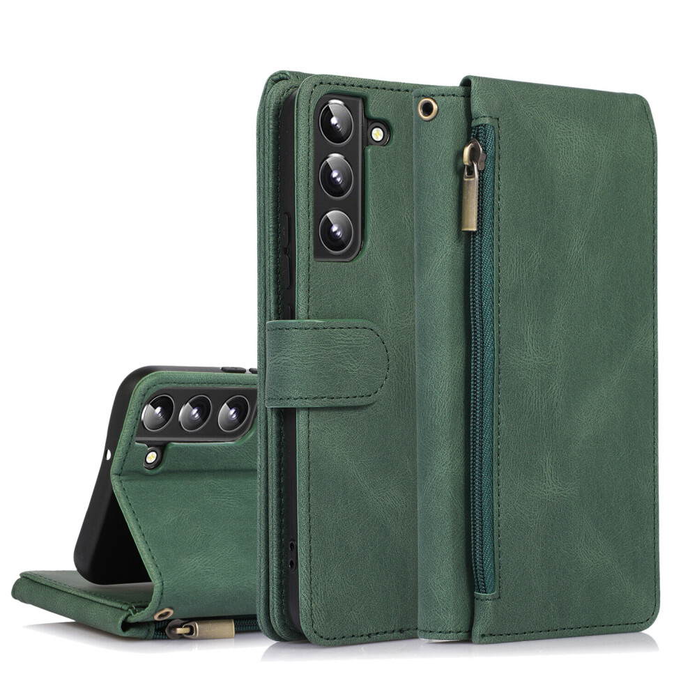 (Green, Samsung S23) Samsung Galaxy Case, 8 Card Slots Retro Leather Wallet Shockproof Flip Kickstand Cover with Zipper Pocket