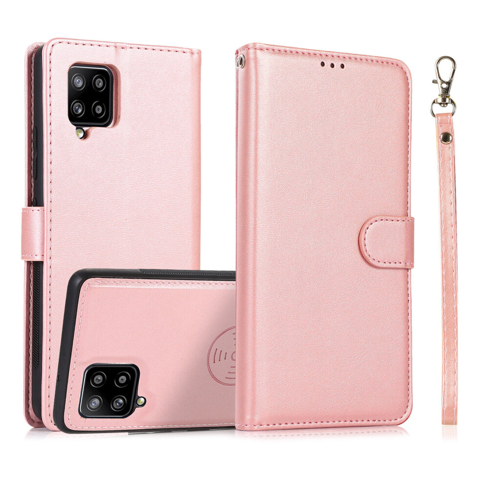 (Rose Gold, Samsung A42 5G) Samsung Galaxy Case, Detachable Magnetic Leather Wallet TPU Case, Durable and Slim with Card Holder & Wrist Strap