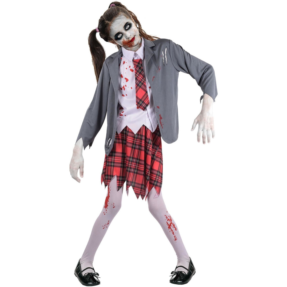 (12-14 Years, Grey) Girls Zombie Shirt Trouse Set With Tie Halloween Set