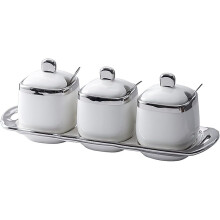 Ceramic Sugar Bowl 3 Piece Ceramic Spice Pot with Spoon, Lid and Tray Kitchen Spice Jar Set for Sugar, Pepper, Coffee, Spices, Salt (White)