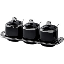 Ceramic Sugar Bowl 3 Piece Ceramic Spice Pot with Spoon, Lid and Tray Kitchen Spice Jar Set for Sugar, Pepper, Coffee, Spices, Salt (Black)