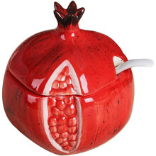 Ceramic Fruit Shape Sugar Bowl Salt Shaker Pepper Storage Jar with Lid and Spoon Spice Box Seasoning Jar (Red Pomegranate)