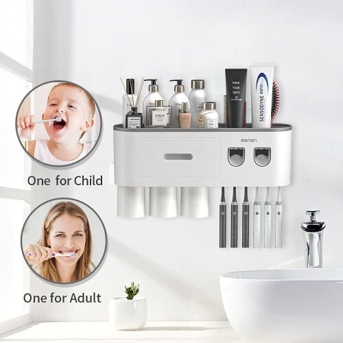 Wall Mounted Toothbrush and Toothpaste Holder with Two Automatic Toothpaste Dispensers, Gray, 3 Cups 1