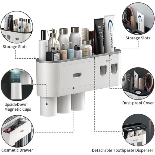 Wall Mounted Toothbrush and Toothpaste Holder with Two Automatic Toothpaste Dispensers, Gray, 3 Cups 2