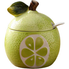 Ceramic Fruit Shape Sugar Bowl Salt Shaker Pepper Storage Jar with Lid and Spoon Spice Box Seasoning Jar (Green Pomelo)