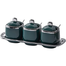 Ceramic Sugar Bowl Set Salt Container Seasoning Jar Ceramic Spice Jar with Lid and Spoon,Kitchen Seasoning Jar for Pepper, Sugar, Salt (Green)