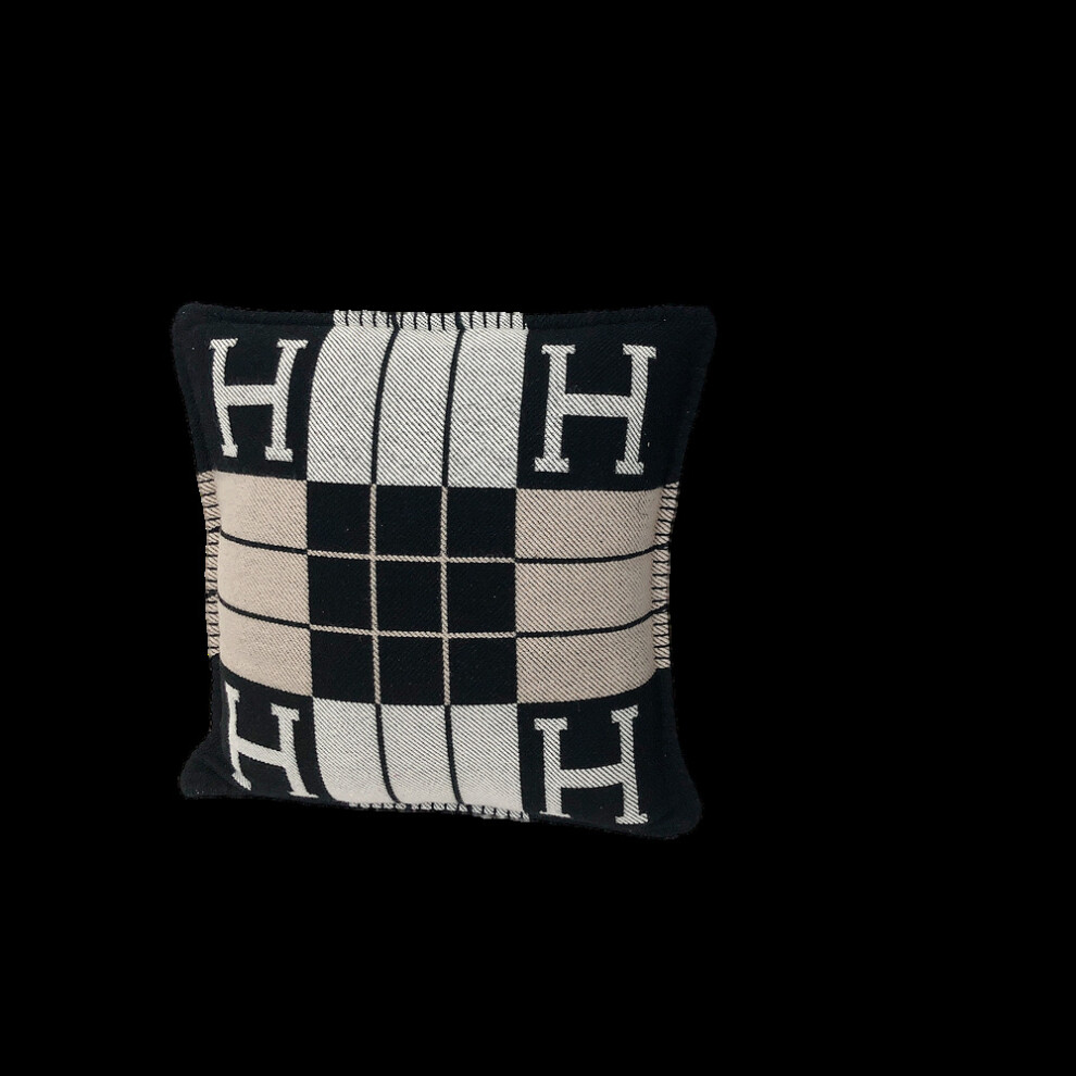 (Black Pillow) Wool Cashmere Plaid Throw Blanket Pillow Sofa Office Nap Camping Airplane Color